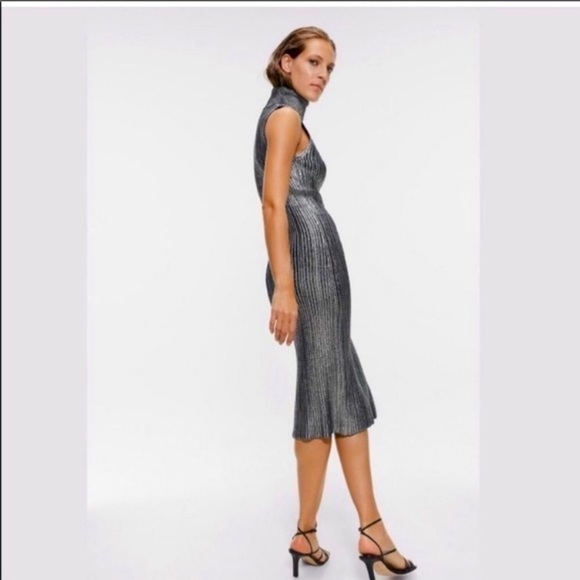 Zara Metallic Silver Sleeveless Midi Dress - Picture 1 of 6